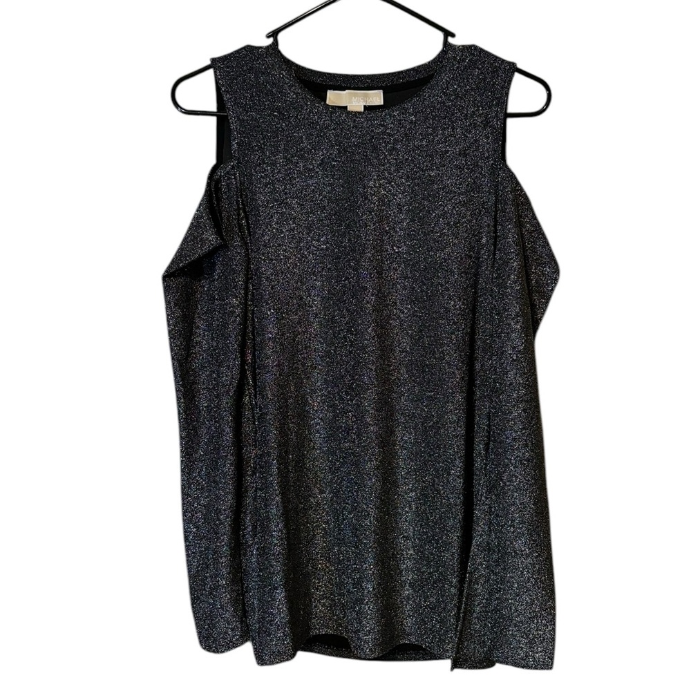 Micheal Kors Size L Shimmering Black Silver Shoulder Cut Out Long Sleeve